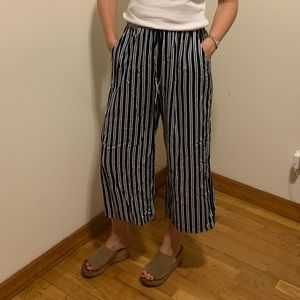 Navy and white striped wide leg cropped pants